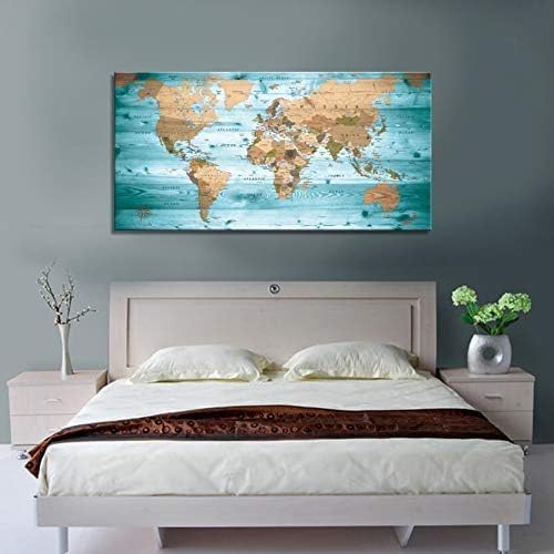 Large Wall Art Blue map of The World Painting Ready to Hang 24"x48"Large Framed Wall Art World Map Canvas Map Decorations Artwork Prints