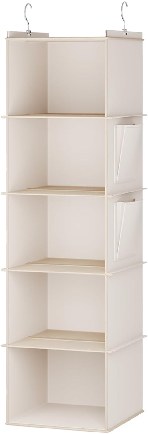 YOUDENOVA Hanging Closet Organizer, 5-Shelf Closet Hanging Storage Shelves, Beige