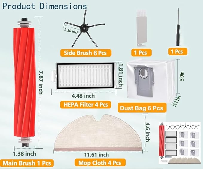 21 Pcs Q7 Max Replacement Parts,for Roborock Q7 / Q7+ / Q7 Max / Q7 Max+ Vacuum Cleaner Accessories Kit, 1 Main Brush, 4 Filter, 4 Mop Pad, 6 Side Brush,6 Vacuum Bag