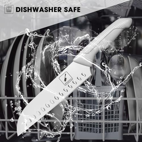 imarku® 14-Piece Kitchen Knife Set with Block and Sharpener, Professional Stainless Steel with Non-Slip Ergonomic Handle, Dishwasher Safe, Home Essential, Gray-White