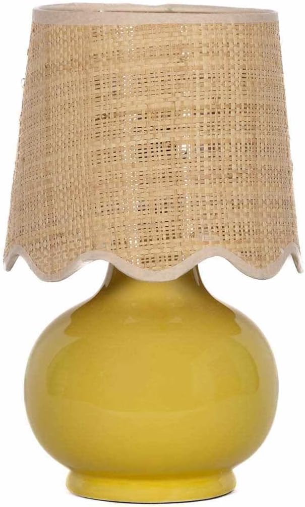 BoutiqueRugs Navarro Boho Ceramic Bedside Table Lamp for Bedroom Nightstand and Living Room - Shade Rattan - Mustard, Yellow, Beige - 13" H