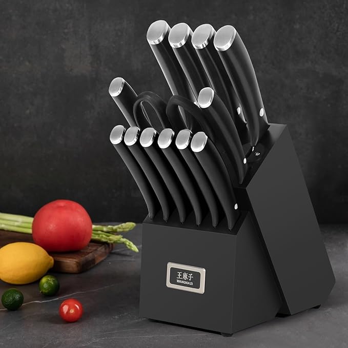 Premium Chef Knife Set,High Carbon Stainless Steel Ergonomic Rivet Handle,Sharp Knife Set for Kitchen,Hundreds of Years of Masterful Craftsmanship(Black,15PCS)