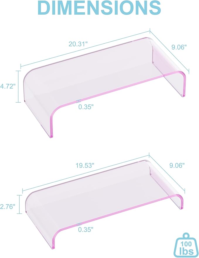 Acrylic Dual Monitor Stand Riser 2 Tier, Modular Laptop Stand for Desk, Multifunctional Desktop Organizer Shelf for PC, iMac, Printer, Detachable Monitor Stand for Office or Home, Pink