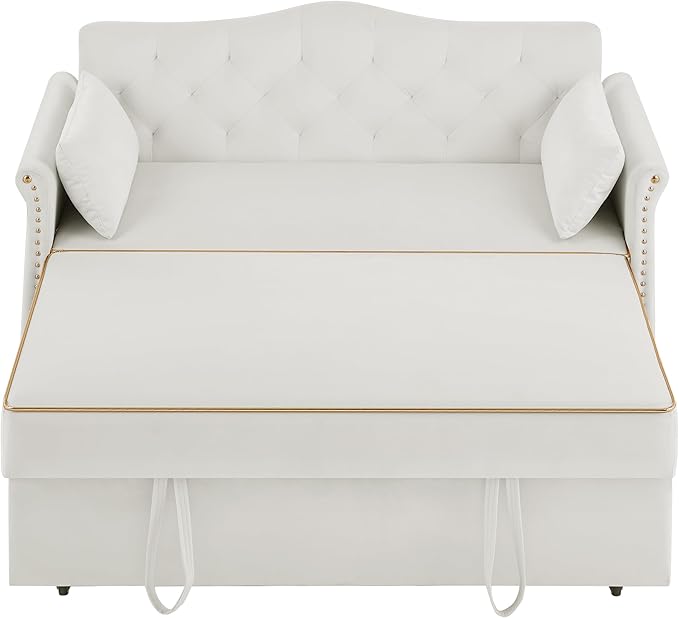 57'' Convertible Sleeper Sofa Bed with Adjustable Backrest, Chaise Lounge,2 Pillows & Side Storage Pockets – Stylish & Functional Furniture for Living Room or Small Spaces (White Sofa Bed)