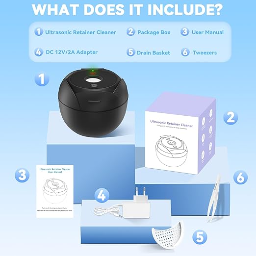 Ultrasonic Retainer Cleaner Machine 45khz Cleaning Pod for Denture Cleaner 200ml Mouth Guard, Aligner, Night Guard, Jewelry, 4 Cleaning Modes Digital Timer, Gifts for Women, Christmas Gifts, Black