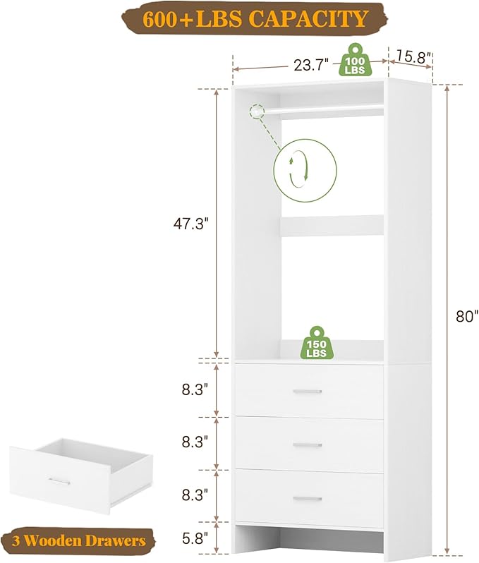 Aheaplus 2FT Closet System with 3 Drawers, 24’’ Closet Organizer, Wood Closet Organizer System, Walk-in Closet or Small Closets Wardrobe, Clothes Rack with Hanging Rods,-E6, White
