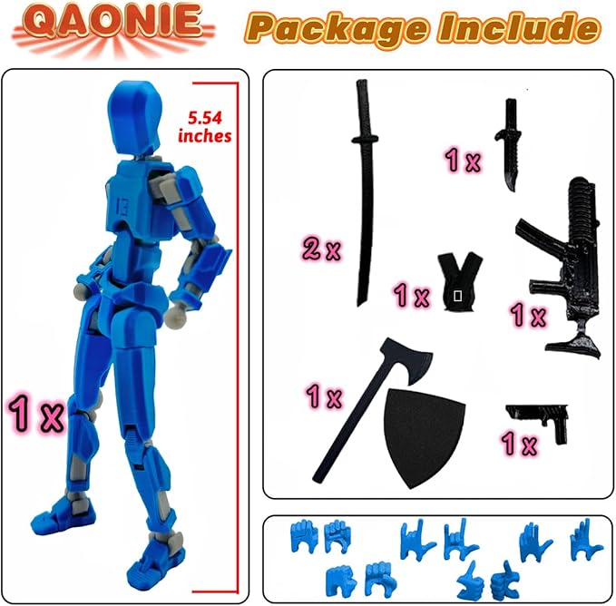 (Assembly Completed) 3D Printed Figure 5.54-inch Dummy13 with Weapon Expansion Set and Bracket, Full Body Mechanical Movable Toy, Desk Decoration. (Blue)