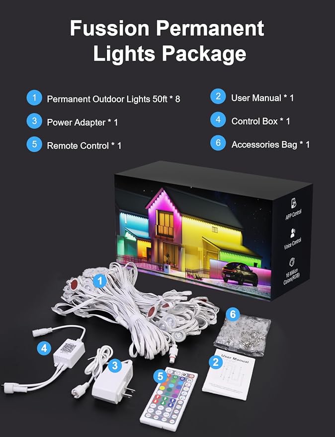 Fussion 400ft Permanent Outdoor Lights for House, 2025 Smart RGB LED Outside Lights with Remote Control, IP67 Waterproof Eternity Eaves Lighting for Christmas, Halloween, Holiday, Party, Daily
