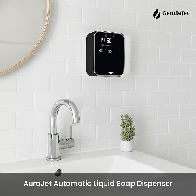 AuraJet Automatic Liquid Soap Dispenser Touchless - Adjustable Levels, Digital Display, Aluminum Alloy Body, Battery Operated or USB-Powered Automatic Hand Soap Dispenser Wall Mount
