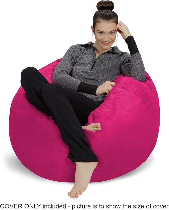 Sofa Sack Bean Bag Chair Cover Only, for Adults and Kids, Without Filling Comfy Fluffy Round or Oval Beanbag Chair Cover Replacement, Lazy Sofa Cover for Reading Chair or Floor Chair, 3 Foot, Magenta