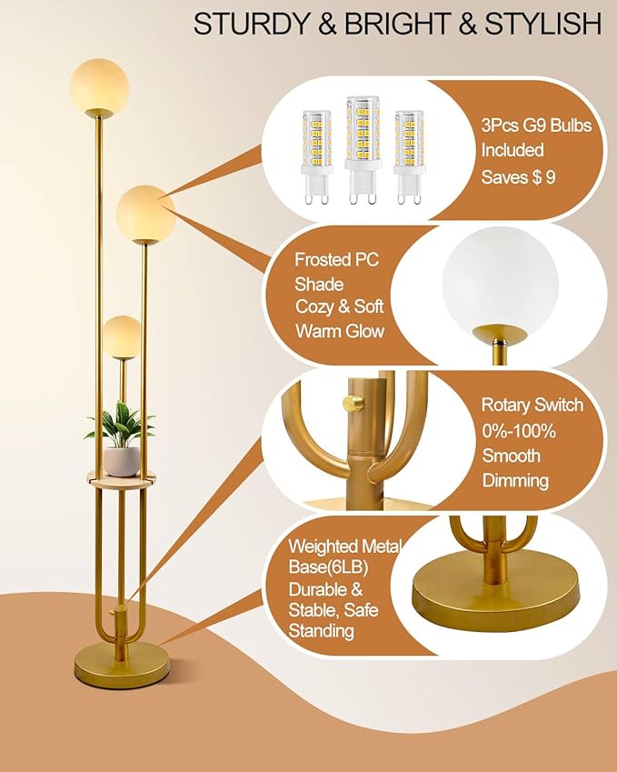 Lightdot LED Floor Lamp Dimmable Gold Globe Floor Lamps with Shelf Mid Century Modern Standing Lamp for Bedroom Living Room Home Office-Candle Holder Style Soft Eye-Caring