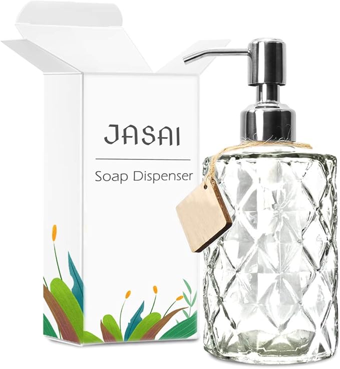 JASAI Diamond Design 12 Oz Glass Soap Dispenser, Kitchen soap Dispenser with 304 Rust Proof Stainless Steel Pump, Bathroom Soap Dispenser for Hand Soap, Soap, Lotion(Clear).