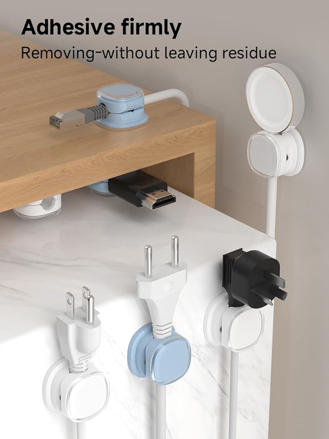 Magnetic Cable Clips, Adjustable Cord Holder Management, Adhesive Wire Keeper Organizer for Home Office Desk Phone PC Car Wall Desktop Nightstand Appliance (9-PCS White & Blue)