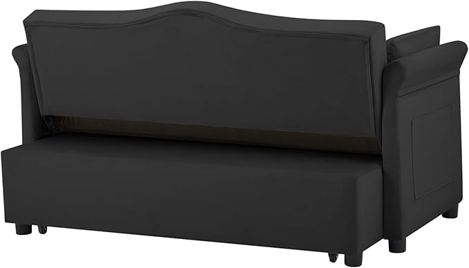 57'' Convertible Sleeper Sofa Bed with Adjustable Backrest, Chaise Lounge, 2 Pillows & Side Storage Pockets – Stylish & Functional Furniture for Living Room or Small Spaces (Black Sofa Bed)