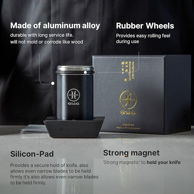 HADANA Black Edition Rolling Knife Sharpener - Easy to use 2-Whetstone Knife Sharpener Kit with #360 Diamond & #600 Ceramic, Durable Aluminum Alloy Body, Magnetic Knife Holder with Silicone Pad