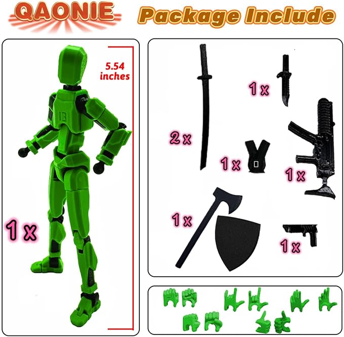 (Assembly Completed) 3D Printed Figure 5.54-inch Dummy13 with Weapon Expansion Set, Full Body Mechanical Movable Toy, Desk Decoration. (Green)