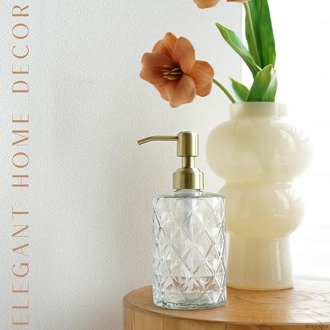 JASAI Diamond Design Glass Soap Dispenser with Golden Pump, Refillable Hand soap Dispenser for Kitchen, Soap Dispenser Bathroom for Soap, Hand soap, Dish Soap, Lotion.