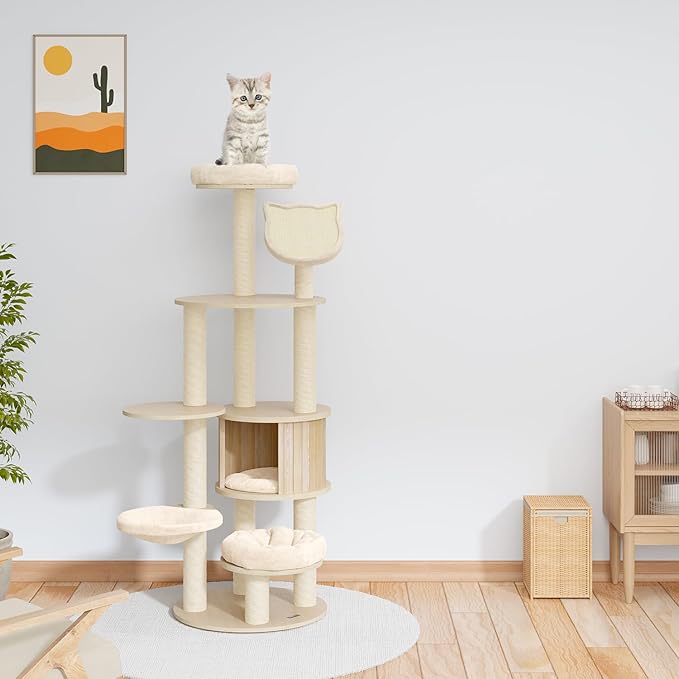 KAMABOKO 64" Tall Cat Tree - Wooden Cat Trees Tower with Cat Condo, Hammock & Top Perch, Modern Tall Cat Tree w/Natural Sisal Posts for Climb Scratch Play Rest