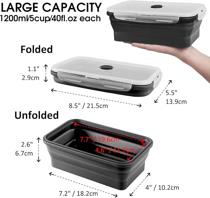 Collapsible Food Storage Containers with Lids, 8 Pack, 40 oz Silicone 1-Compartment Meal Prep Containers Reusable, Lunch Bento Boxes for Adults, Microwave Freezer Dishwasher Safe, BPA-Free, Black