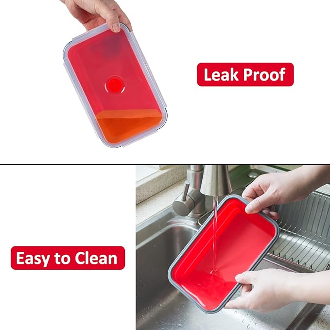 Collapsible Food Storage Containers with Airtight Lid & Air Vent, 40.5 oz, Kitchen Stacking Silicone Collapsible Meal Prep Container Set for Leftover, Microwave Freezer Dishwasher Safe, Red, Set of 4