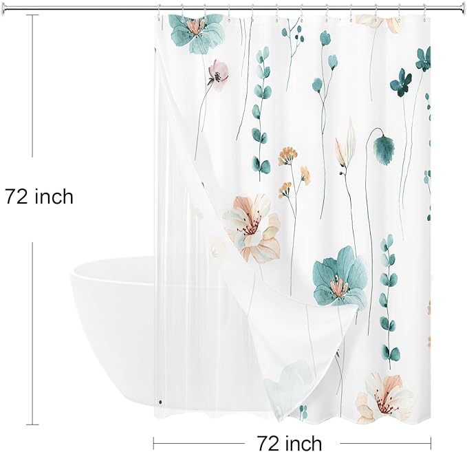 Gibelle 3 in 1 Shower Curtain Set, Teal Watercolor Floral Bath Curtain and PEVA Liner Set with 12 Double Sided Steel Hooks, Waterproof Fabric Bathroom Curtain 72x72