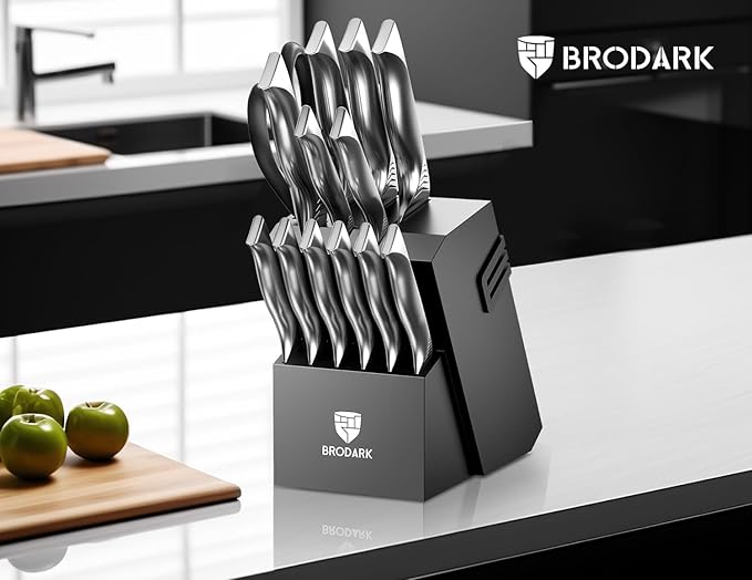 BRODARK Kitchen Knife Set with Block - 15-Piece Knife Block Set with Built-in Sharpener - High Carbon Stainless Steel Kitchen Knives Set for Kitchen - Christmas Gift, Shark Series