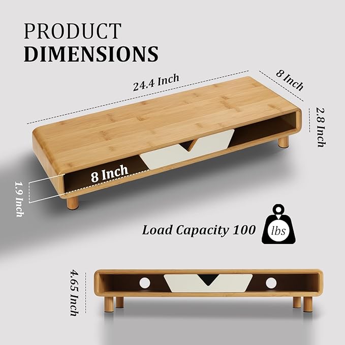 Homerays Monitor Stand with Drawer, Exquisite Computer Monitor Stand for Desk, Ergonomic Wood Monitor Stand Riser for Computer,Laptop,Printer,TV,Bamboo,White