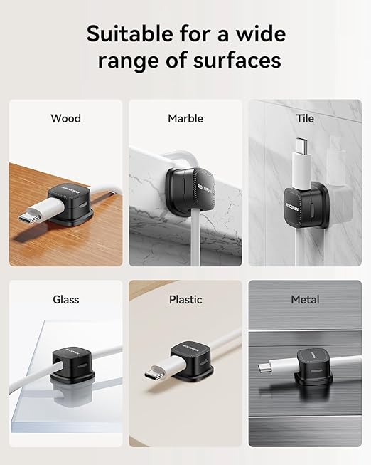 12 Pack Cable Management Cord Organizer,Magnetic Cable Clips-1s Lock,Rocoren Desk Adhesive Cord Cable Clip Wire Holder Keeper for Phone Charger Wire,Nightstand,Car,Office,Desktop Accessory,Black