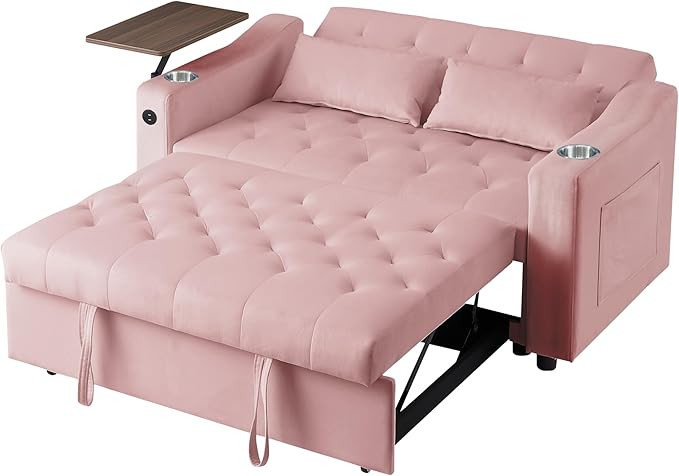 53'' Convertible Sleeper Sofa Bed with Adjustable Backrest, Chaise Lounge, Side Table & Two Pillows – Stylish & Functional Addition to Any Living Room (Modern Pink)