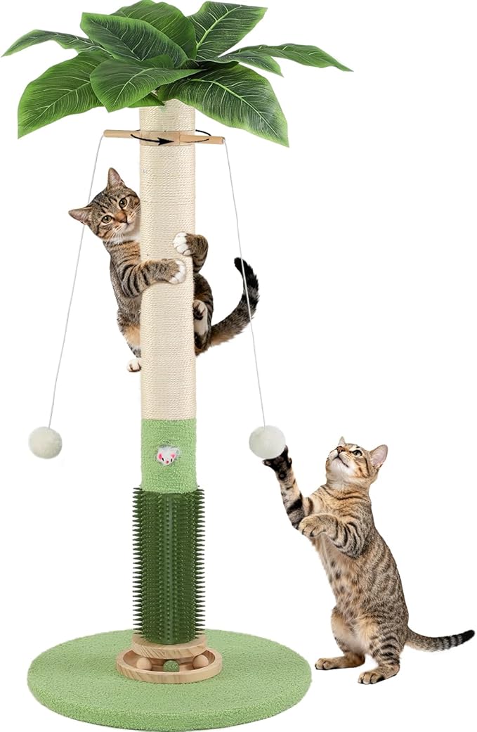Cat Scratching Post,37.5'' Tall Sisal Cat Tree Scratching Post for Indoor Cat,Cat Scratcher with Cute Mouse Hole Toy,Interactive Ball and Rotating Ball Self Groomer Brush for Kittens Adults Cat