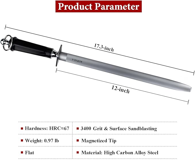 Sharpening Steel Knife Sharpener Rod Flat 12 Inches Honing Steel for Knives Dark