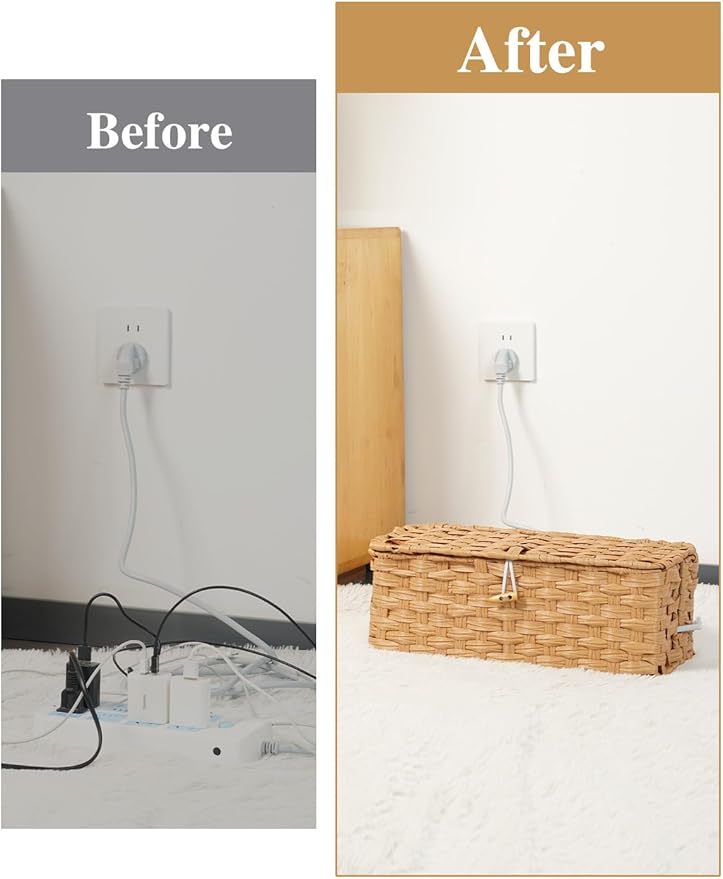 Temary Cable Management Box with Lids, 2-Pack Handmade Cable Organizer Boxes for Home, Office to Hide Cords and Power Strip, Cord Cover Floor Hider Set Woven Rattan Cable Organizer Box