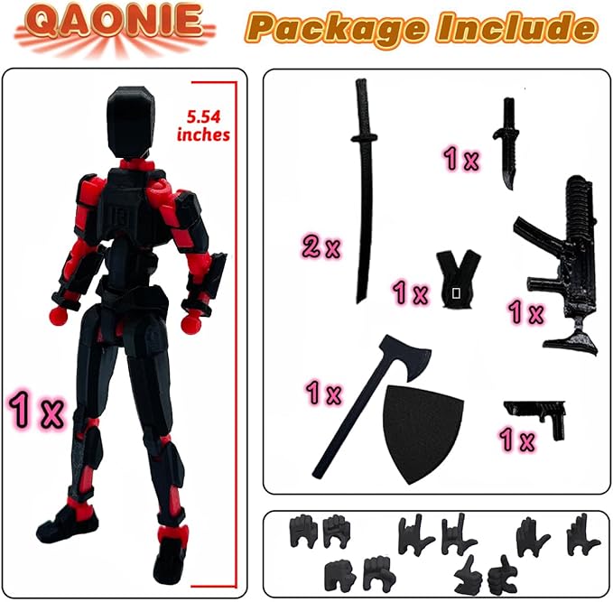 (Assembly Completed) 3D Printed Figure 5.54-inch Dummy13 with Weapon Expansion Set, Full Body Mechanical Movable Toy, Desk Decoration. (Black)