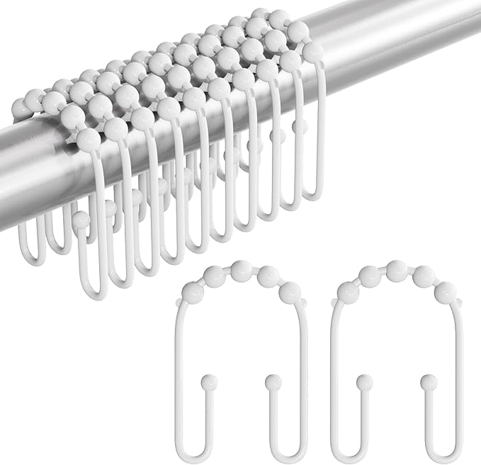 AmazerBath Shower Curtain Hooks White Metal Shower Curtain Rings Rust Proof, Double Sided Shower Curtain Hooks for Shower Curtain Liner Smooth Shower Hook Rings for Bathroom, Set of 12