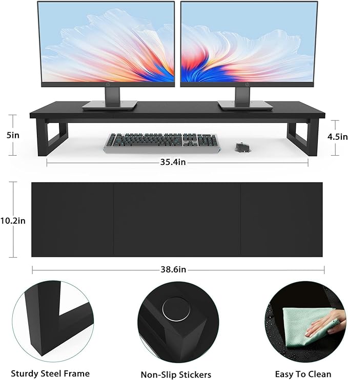 YAOHUOO Dual Monitor Stand Riser, 39Inch Large Monitor Stands for 2 Monitors, Computer Monitor Stand, Wooden Desktop Oraganizer Shelf for Office Desk Computer,Laptop,TV