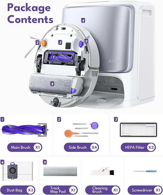 12 Pcs Accessories Kit for Narwal Flow Robot Vacuum Cleaner: 1 Main Brushes, 4 Side Brushes, 2 HEPA Filters, 3 Dust Bags, 1 Track Mop Pad, 1 Cleaning Brush
