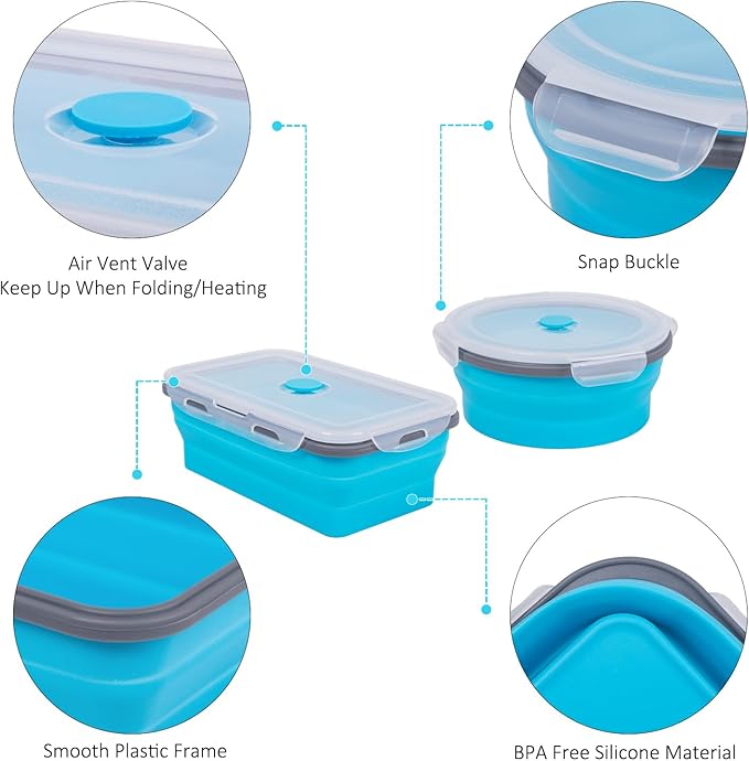 Collapsible Food Storage Containers with Lids 20 Pack(81oz/58oz Extra Large Included), 12 Rectangular+8 Round, Annaklin Silicone Collapsible Food Containers Sets Microwave Freezer Dishwasher Safe Blue