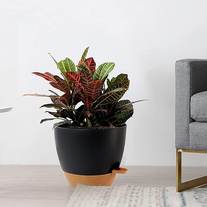 Large Self Watering Pots, 12/10/9 Plastic Planters with High Drainage Holes and Deep Reservoir for Indoor Outdoor Garden Plants and Flowers, Black with Brown