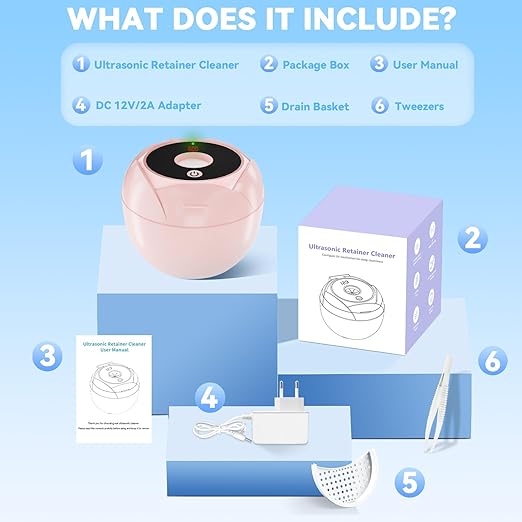 Ultrasonic Retainer Cleaner Machine 45khz Cleaning Pod for Denture Cleaner 200ml Mouth Guard, Aligner, Night Guard, Jewelry, 4 Cleaning Modes Digital Timer, Gifts for Women, Christmas Gifts, Pink