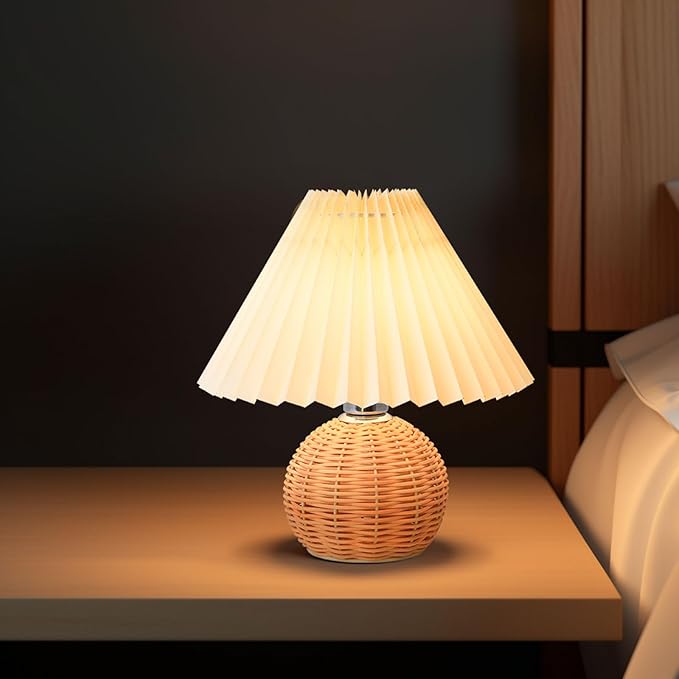 KUNJOULAM Pleated Table Lamp, Modern Bedside Nightstand Lamp with Beige Lampshade Rattan Metal Base, Desk Light for Bedroom Living Room Home Office Decor with E12 Bulb