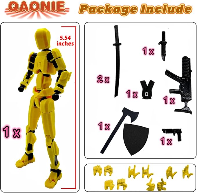 (Assembly Completed) 3D Printed Figure 5.54-inch Dummy13 with Weapon Expansion Set, Full Body Mechanical Movable Toy, Desk Decoration. (Yellow)