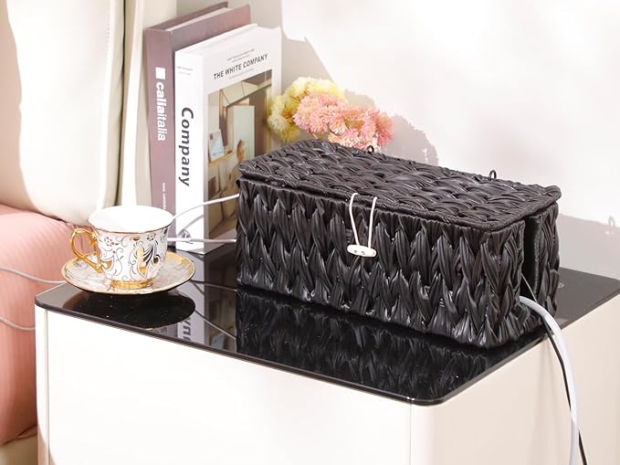 Black Cable Management Box,2 Pack Large & Medium Rattan Cable Organizer Box for Power Strip,2 Open Slots Cords Hider Box for TV Wires, Computer, Router, USB Hub and Under Desk Power Strip