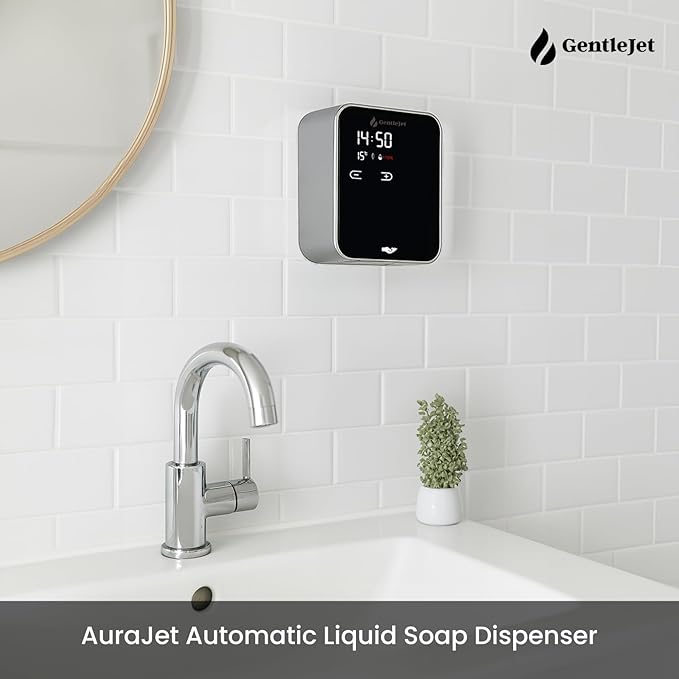 AuraJet Automatic Liquid Soap Dispenser Touchless - Adjustable Levels, Digital Display, Aluminum Alloy Body, Battery Operated or USB-Powered Automatic Hand Soap Dispenser Wall Mount