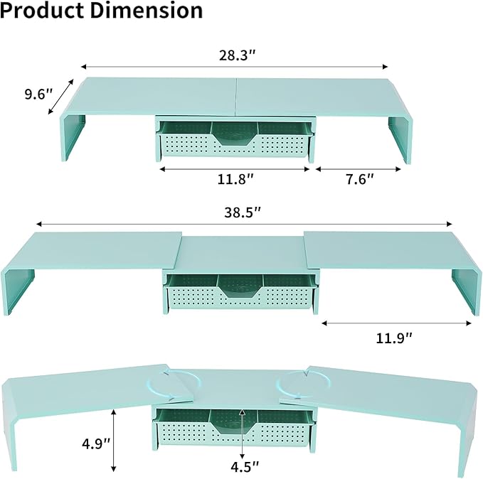 Dual Monitor Stand Riser with Drawer, Desk Organizer and Accessories, Metal Laptop Stand for Desk, Workspace Desktop Stand for Computer, Laptop, TV and More (Sky Blue)