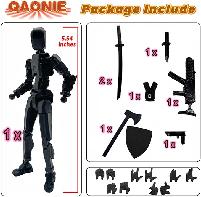 (Assembly Completed) 3D Printed Figure 5.54-inch Dummy13 with Weapon Expansion Set, Full Body Mechanical Movable Toy, Desk Decoration. (Pure Black)