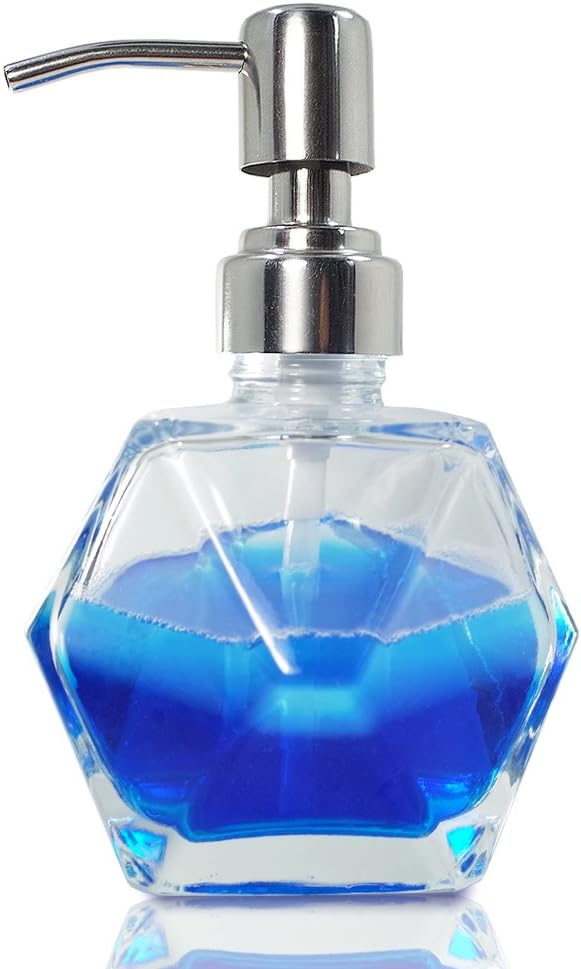 Modern Geometric Shape Clear Glass Soap Dispenser, Lotion Dispenser Bottle with Rust Proof Stainless Steel Pump for Kitchen, Bathroom Accessory, Countertop, Great for Soap, Lotions and Body Oil.