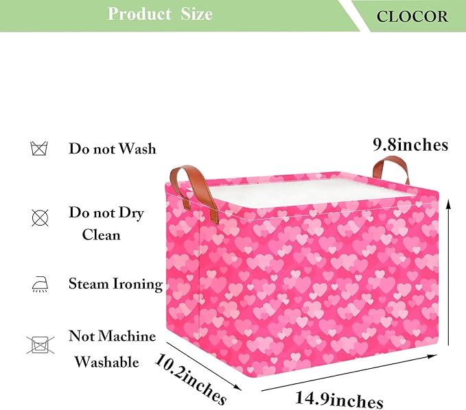 CLOCOR Rectangular Pink Valentine's Day Basket Empty, Heart Print Gift Basket for Valentines, Waterproof Storage Container with Handles,(Highlight Heart)