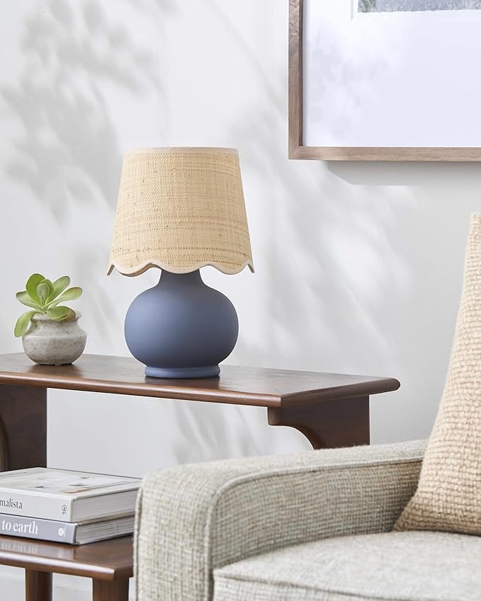 BoutiqueRugs Navarro Boho Ceramic Bedside Table Lamp for Bedroom Nightstand and Living Room - Shade Rattan - Blue, Beige - 13" H