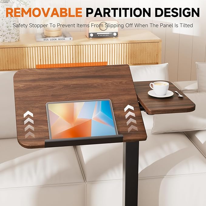 COMHOMA Tiltable Mobile Small Standing Desk, Pneumatic Adjustable Height Overbed Bedside Table with Wheels, Sit Stand Portable Rolling Laptop Desk Computer Workstations, Walnut