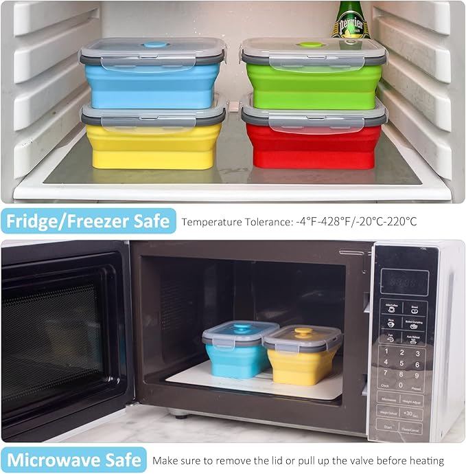 Collapsible Food Storage Containers with Airtight Lid, 16.9 oz, Small Kitchen Stacking Silicone Collapsible Meal Prep Container Set for Leftover, Microwave Freezer Dishwasher Safe, 4 Colors, Set of 4